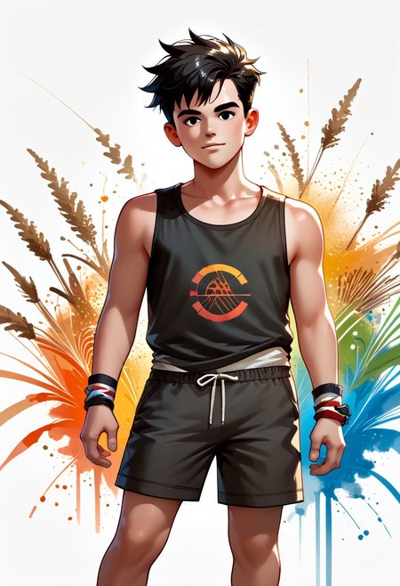 DarirStyle
score_9, score_8_up, score_7_up, 1boy, solo, male focus, Black Hair, Black Eyes, tank top, shorts