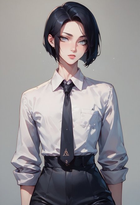 score_9, score_8_up, score_7_up, 1boy, femboy, otoko no ko, short hair, bob cut hair, black hair, grey eyes, gray eyes, feminine face, toned body, Shelly, business attire, highly detailed, intricate, zzCitronCAT, pose, modelshoot