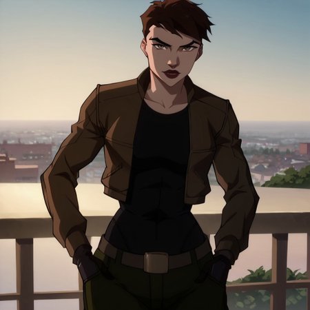 score_9, score_8_up, score_7_up, 1girl, solo, lipstick, brown hair, short hair, brown eyes, breast, black shirt, brown jacket, gloves, Scandal Savage (dc), looking at viewer, pants belt, balcony,