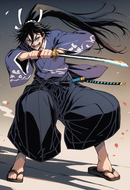 score_7_up, weapon, sword, japanese clothes, 1boy, katana, long hair, solo, holding weapon, holding, holding sword, black hair, open mouth, kimono, hakama, sheath, blue eyes, wide sleeves, sandals, smile, black hakama, looking at viewer, full body, ponytail, skirt, ribbon, white ribbon, hakama pants, hair between eyes, long sleeves, pants, hakama skirt, hair ribbon, horns
,  <lora:Fukuda_Hiroshi_PonyXL_dim40:1>