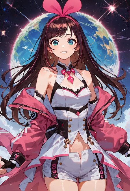 score_9, score_8_up, score_7_up, rating_safe, Expressiveh, concept art, ultra detailed, one girl, (kizuna ai), makeup, seductive smile, piercing, shiny skin, small breast, thin waist, long dress, pink coat, bare shoulder, (looking at viewer),  cyber space, cowboy shot, ai