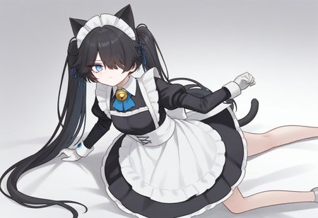 (Maid-kasli), solo, white gloves, dress, hair over one eye, maid apron, blue eyes, twintails, cat ears, maid headdress, maid, gloves, 1girl, apron, juliet sleeves, long sleeves, long hair, black hair, animal ears, bell,(Fall down),
