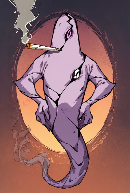 score_9, score_8_up, score_7_up,,  good quality ,, character focus, solo, , best quality , detailed background,  <lora:ghostfreak-05:1> ghostfreak, solo, no humans, purple eye, ghost, simple background <lora:DoobieRalsei:1> dubi3, full body, standing, chibi, looking at viewer, hands on own hips, cigarette, smoke