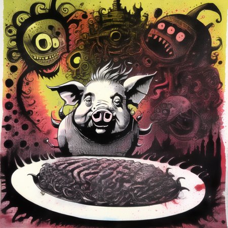 corcoc3s the pig holds the brain on a plate, psychedelic colors <lora:corcoc3s:1>
