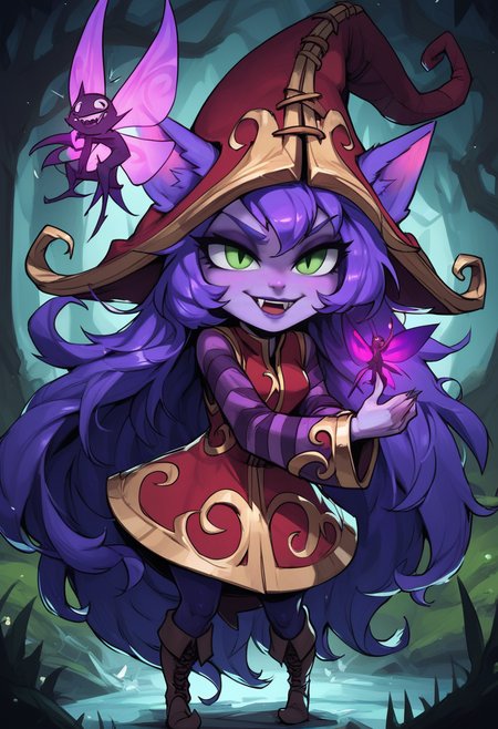 score_9, score_8_up, score_7_up, score_6_up,1u1u, lulu, 1girl, green eyes, yordle, colored skin, purple skin,long hair, purple hair, animal ears,dress, long sleeves,hat, witch hat, ears through headwear, boots, fairy  <lora:Lulu_Default_v2:0.8>,  <lora:Manwha_Anime_Style:0.8>,manhwastyle