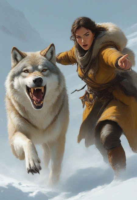 Ranger and Wolf, 1woman, pointing, charging, winter coat, tundra