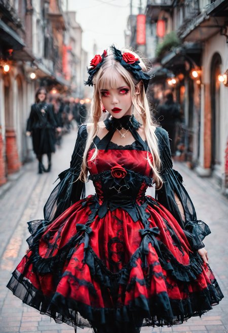 <lora:Illustrious_Realistic_Fashion_Collection_-_Gothic_Lita:1> girl wearing a gothic fashion dress, on the street, black and red dress with roses, subsurface scathering, depth of field, skin pores, detailed skin, masterpiece, best quality, newest, absurdres, highres, feeling, impact, very awa, dim lighting, sidelighting, skindentation, amazing quality, scenery, very aesthetic, newest, volumetric lighting, blending, <lora:add-detail-xl:1> <lora:cfg_scale_boost:1> <lora:sdxl_enhance:1> <lora:spo_sdxl_10ep_4k-data_lora_webui:1>