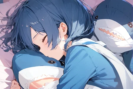 masterpiece, best quality, highres,
1girl, (solo),
asahi rokka,bed room,lying on bed,pajamas
, closed mouth, closed eyes,
hug, hugging ikea shark, blahaj, rubbing cheek, stuffed toy, shark, plush toy,
simple background,only one plush toy,
 <lora:BlahajXL:1.5> ,<lora:lock:1>