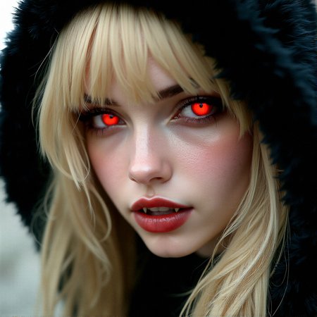 A stunning close-up of a blonde woman, gothic fashion , with bright red eyes, open mouth, fangs, wearing a fluffy animal ear hood, soft lighting, realistic and delicate facial features, photorealistic rendering. Natural light interplay on skin,Photorealistic shadow softness, Lifelike hair gloss , Photorealistic color grading
