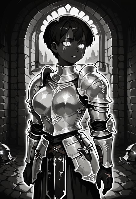1girl, solo, DARCEIL,1girl,short hair,large breasts, armor,grey eyes,scar,shoulder armor,gauntlets,scar on face,pauldrons,breastplate,faulds,plate armor,boobplate,
dungeon, turning head, stone wall,
BHDR, white eyes, glowing eyes, outline, monochrome, greyscale, black skin, best quality, very aesthetic, masterpiece,