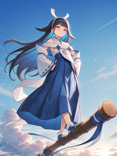 broom surfing,standing,smug,shinonome the vaylantz priestess,1girl,solo,cloud,blue sky,smile,looking at viewer,blush,bare shoulders,full body,colored inner hair,white hairband,white ribbon-trimmed sleeves,white sleeveless kimono,blue hakama skirt,white tabi,blue sandals,white breast curtain,blue sky,half-closed eyes,hands on own hips,motion lines,
masterpiece,best quality,amazing quality,very aesthetic,absurdres,newest,scenery,extreme detail,8k,light particles,soft lighting,volumetric lighting,intricate details,finely detailed,detailed eyes,<lora:Shinonome the Vaylantz Priestess illusXL v1.1:0.75>,