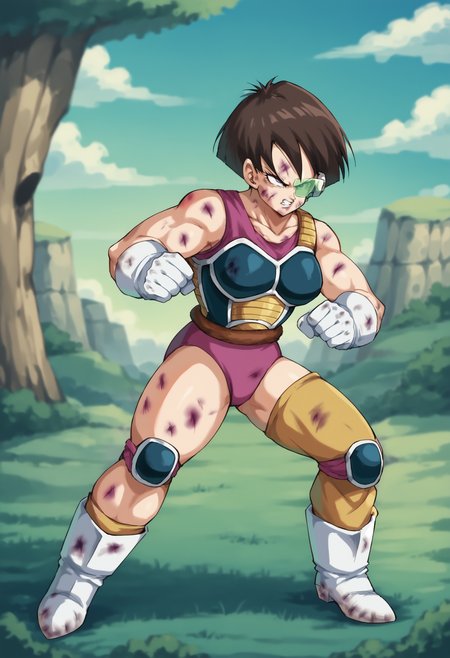 score_9, score_8_up, score_7_up, score_6_up, source_anime BREAK dutch angle,full body, (body aura) <lora:Fasha:0.9> fasha, 1girl, Saiyan Armor,  gloves, boots,  serious, short hair, monkey tail, eyewear, clenched teeth, dirty face, bruised, tored apart cloth BREAK fighting pose, (sideview:0.7), trees, grand canyon in background, dark sky, (muscular:1.2), (big chest)