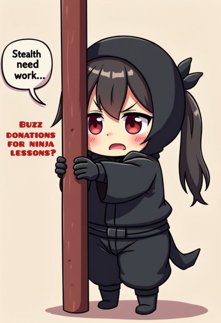 Anime style, cartoon style, funny illustration, Newbie Ninja in Training : An adorably clumsy ninja girl in a black outfit, trying to hide behind the object but still visible looking embarrassed. Speech bubble text exactly saying : "Stealth skills need work… Buzz donations for ninja lessons?”