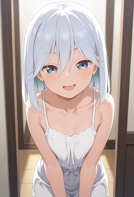 masterpiece,best quality,amazing quality, asahi amagami, blue-white hair, blue eyes, 1girl, solo, smile, open mouth, hair between eyes, medium hair, collarbone