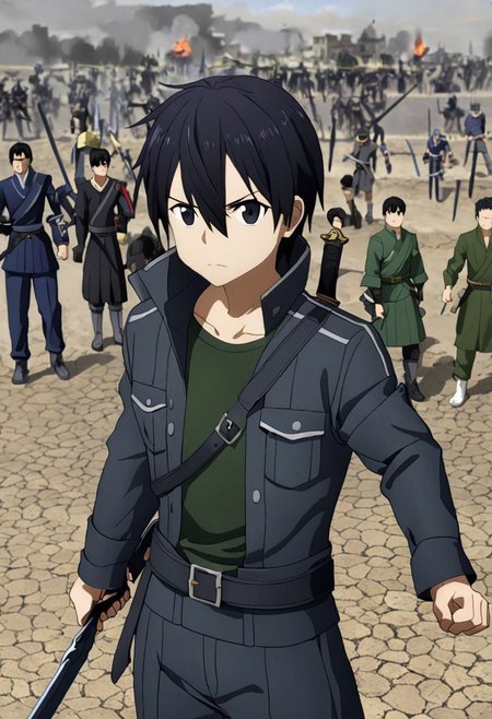 high resolution, professional photography, best quality, 1Boy, Kirigaya Kazuto, Black Hair, Black Eyes, war, virtual world, sword fighting, overalldetail
