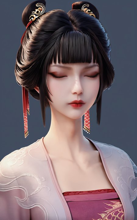 score_9,score_8_up,score_7_up,
<lora:zhiguiPony-000001:1>,
zhigui,1girl,solo,black hair,closed eyes,bangs,blunt bangs,realistic,hair ornament,closed mouth,makeup,chinese clothes,upper body,portrait,red lips,collarbone,see-through,black_background,