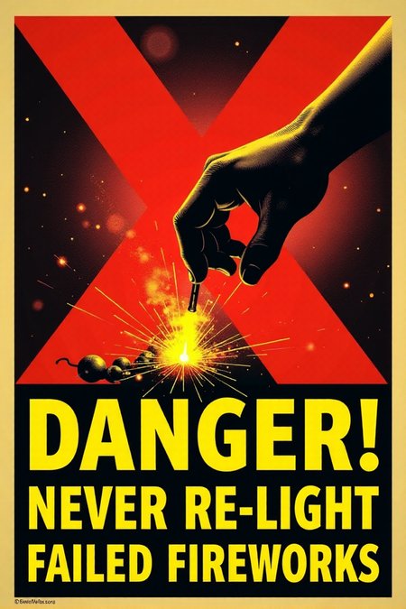 A stark, graphic vintage safety poster in shades of red, yellow, and black. It shows a hand reaching out to pick up a smoking, unexploded firework. A large, bold red "X" is superimposed over the firework. Below, in clear, blocky yellow letters: "DANGER! NEVER Re-light Failed Fireworks." Emphasize the immediate danger and the clear warning message.  <lora:REMEs_War_Poster_Style:0.95> In REME's War Poster Style,âââ