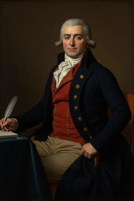 jldavid1 painting.
An man seated in a dignified pose, holding a quill pen. He has a pale, slightly lined face with a thoughtful expression, and he is wearing a powdered wig, typical of the late 18th century. His outfit is elaborate and consists of a dark navy blue coat with gold buttons, a white cravat, a red waistcoat, and beige trousers. The coat has a high collar and long, full sleeves, with intricate gold embroidery visible on the lapels. <lora:jldavid1_cap_d6a3:1.0><lora:815783923822089477:0>
