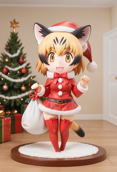 1girl, ((solo)), best quality, ultra-detailed, extremely detailed, perfect anatomy, masterpiece, score_9, score_8_up, score_7_up, Expressiveh, sand cat \(kemono friends\), 1girl, cat girl, cat ears, blonde hair, short hair, yellow eyes, cat tail, christmas tree, christmas decoration, christmas ornaments, underneath Christmas tree background, indoors, santa cosplay, santa outfit, santa hat, santa's sack, Christmas outfit, giant sack of presents, fully clothed, Christmas themed thighhighs, thighhighs, santa's sack of presents, red ribbon collar, Christmas presents, Christmas themed, living room, fireplace, (chibi), looking at viewer, smiling, eager, excited, happy, cute, adorable, surprised, hearts, shaking hips, hip sway, swaying hips, tail movement, tail_accessory, mistletoe_on_tail, mistletoe, dynamic lighting, looking at viewer, standing, standing on one foot, posing, paw pose,