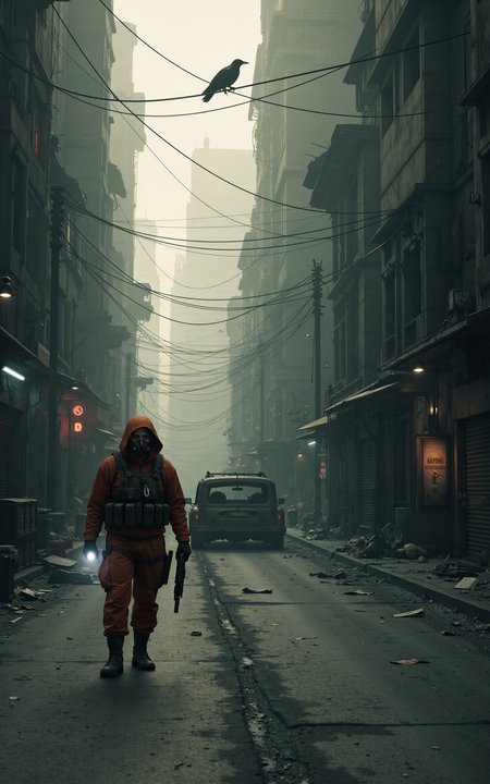 On an abandoned city street,ruins and debris are scattered everywhere. Dust drifts through the dim light,revealing that the once-thriving metropolis is now a thing of the past. Shattered storefront windows,collapsed streetlights,and cracked asphalt silently tell the story of a devastating catastrophe.A heavily armed rescue worker moves forward cautiously. He is clad in a thick biohazard suit,a tactical helmet,and a gas mask that obscures his face. In his hands,he grips a high-powered flashlight and a life detection device,meticulously scanning for any possible survivors. His movements are deliberate,and on his back,he carries a medical kit and weapons,prepared for any sudden dangers.In the distance,a rusted car still smolders,releasing thin trails of black smoke into the air. Overhead,a crow perches on a broken traffic light,letting out an ominous caw. This is a world of deathly silence,where the only sounds are the rescue workerâs breathing and the crunch of his boots against shattered rubble,breaking the suffocating stillness of this desolate place.,<lora:kcyberpunk-01:0.6>,kcyberpunk,