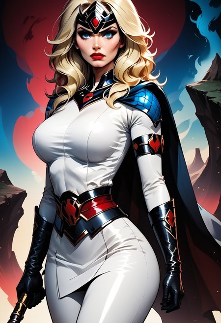 MILF, 32 years old, blonde hair, black leather vampire cape, sloppy wavy hair, sexy red boots, revealing outfit, red lips, mascara, eyelashes, hourglass figure, strong, big blue eyes, seductive, mature female, m1lfm3t3r, anezaki mamori, masterpiece, highest quality, realistic skin texture:1.5, high, tear shaped boobs, drow ranger, drow ranger \(dota2\), Masterpiece, 32k, photorealistic:1.4, score_9, score_8_up, score_7_up, huge boobs, small waist, wide hips, high cheekbones, oval face, slim waist, wide hips, thick thighs, full hips, DARK SIDE \(PICTURE BOOK\), NO FACE, colorful background, vivid colors, volumetric light, cinematic light, extremely detailed, bgbrda, top, bodysuit, helmet, armlet, bracelet, gloves, chainmail, skirt, boots, holding weapon, holding rod.