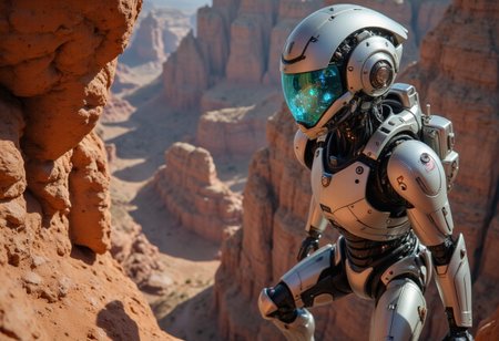 An advanced sci-fi exoskeleton suit, light grey in color, climbing rugged rock formations in a rocky, orange canyon landscape. The exosuit's wearer hangs on the edge of a cliff, scanning the horizon with a turquoise-shining visor, casting an otherworldly glow. From a side profile, the exoskeleton's sleek frame is accentuated by smooth armor plates, with subtle, integrated compartments across its limbs. A close-up of the helmet reveals intricate circuitry and a glowing data port, continuously transmitting information back to base. The scene is highly detailed, capturing the harsh, gritty environment with a cinematic backlight and dramatic depth of field that enhances the tension of the rocky terrain.
scifi robot
Midjourney_Whisper
The lighting enhances her features, creating a soft interplay of light and shadow, while the high-resolution quality captures every detail with photorealistic clarity