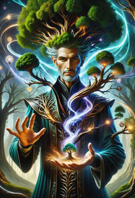hyper detailed masterpiece, dynamic, awesome quality, a male magus conjuring pneumatic tree DonMM4g1cXL magic, wand <lora:DonMM4g1cXL_v1.2:1>, Perfect Hands,  <lora:Perfect Hands:1>