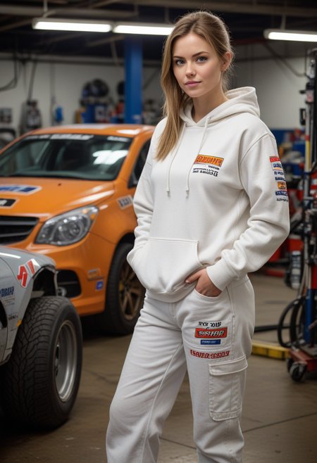(medium full shot) of (brawny mechanic) young woman, swedish, blue eyes, fair skin, fair skin, light brown eyes, Average build, medium dark shag cut hair,  wearing a white hoodie,rugged pants,heavy-duty sneakers, holding a rag, dirty with oil and grease, set in  Pit Stop Garage, large area with race cars, tool benches, tire racks, a fueling station, mechanics in team uniforms working on cars, a whiteboard with race strategy, at night, woman surprised, open mouth, pointing her finger at the viewer, Masterpiece,best quality, photorealistic, amazing quality, very aesthetic, extremely detailed face,