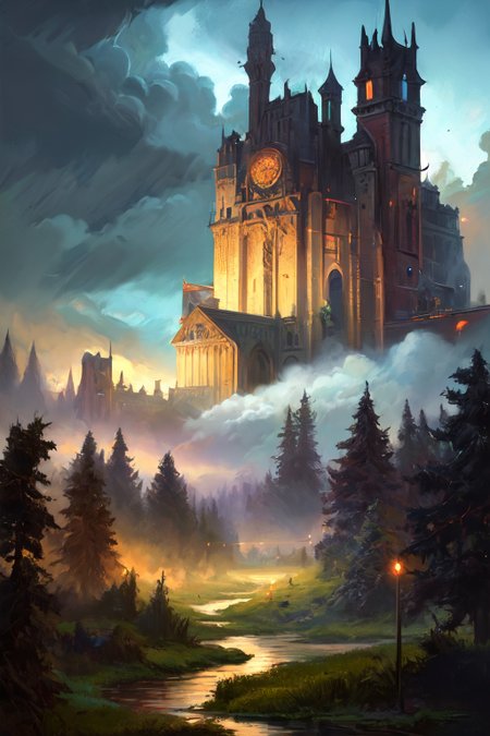 Scott M. Fischer art style, hyperrealism oil painting, Spirited entity of the castle,
heavy mist, and thunderstorm, and one big cloud,,,
aimi,aimi_\(sky-freedom\),sky-freedom style,by sky-freedom,purple eyes,long hair,black hair,blunt bangs,sidelocks in a hime cut,(mole under mouth:1.2),
 fantasy forest fairy lights,
a vibrant ancient forest, with lush vegetation, chirping birds, flowing streams, and a lively ecosystem,
Noon,
radiant,
 <lora:more_details:0.3>,
 <lora:EnvyFantasyMix05:0.7>,
 <lora:ghost:0.3> guiguai,
 <lora:FantasyRuins:0.5> FanRu,
 <lora:USNR STYLE_XL_loha:0.3> usnr,
 <lora:EtherSDXL:0.3> EtherStyle, 
<lora:ck-OneViolentFantasy:0.4> in the style of ck-ovf,