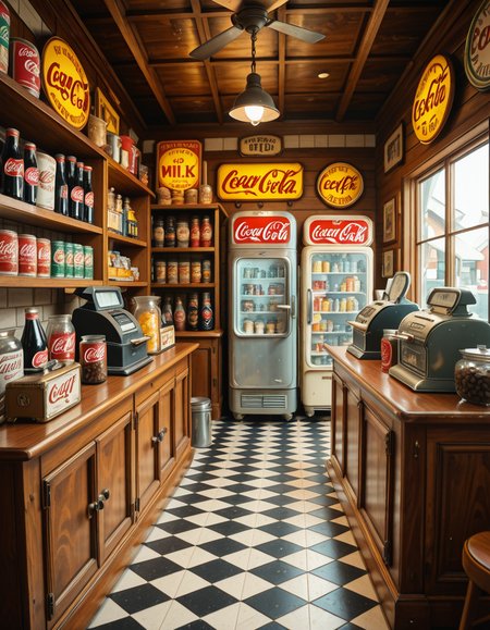A vintage 1950s grocery store filled with nostalgic details. Wooden shelves neatly stocked with classic canned goods, glass soda bottles, and colorful retro packaging. An old-fashioned cash register sits on the wooden counter, next to a small scale for weighing produce. The checkered black-and-white tile floor adds to the mid-century charm, while hand-painted signs on the walls advertise milk, bread, and coffee in bold, retro fonts. A display of penny candy in glass jars sits near the entrance, and a vintage Coca-Cola refrigerator hums in the background. Soft, warm lighting casts a nostalgic glow over the scene, enhancing the rich textures of wood, glass, and metal, capturing the essence of a bygone era.
<lora:SDXLFaeTastic2400:0.4> <lora:extremely_detailed:0.4> extremely detailed
,1950s grocery st0r3, <lora:1950s_grocery_st0r3-i:1>, Masterpiece,best quality,hi res,8k,hi res,8k,award winning,(sharp focus, intricate, highly detailed),