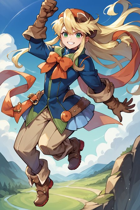 score_9, score_8_up, score_7_up, score_6_up, source_anime, 1girl, solo,  <lora:clarissaarwin-pdxl-nvwls-v1-000005:1> clarissa arwin, blonde hair, hat, long hair, blue uniform, red bow, brown gloves, belt, brown pants, boots, jumping, blue sky, midair, dynamic pose, looking at you, smile
