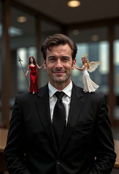 closeup portrait shot, A sharply dressed man in a tailored dark suit stands confidently, his expression a mix of amusement and contemplation. standing on his left shoulder is a tiny miniature woman dressed in a seductive red devil outfit, complete with tiny horns, a pitchfork, and a mischievous grin. On his right shoulder is another tiny miniature woman, dressed in an elegant white angel outfit with delicate, glowing wings and a golden halo, her expression serene and compassionate.   The background is a dimly lit, stylish office with a city skyline visible through the large window, emphasizing the dramatic and moral tension in the scene. the miniature woman are reaching up to whisper in his ears