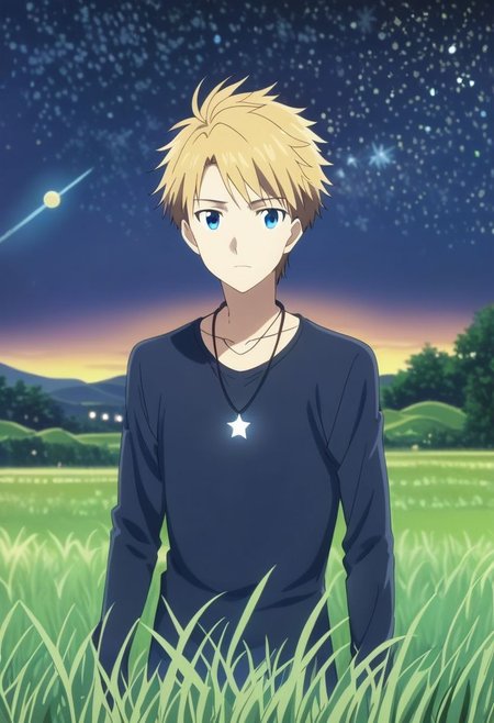 high resolution, solo, best quality, 1Boy, Yamato Ishida, Blond Hair, Blue Eyes, Necklace, grass, middle night, astronomy, star, OverallDetail