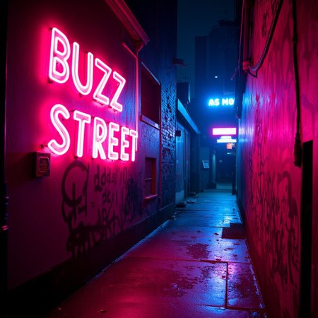 perfection style, a dimly lit alley, graffiti-covered walls, written with large neon letters on the wall "BUZZ STREET", lights reflecting off wet pavement, faint rain mist in the air, vibrant neon glow from nearby signs in pink and blue, atmospheric and moody urban vibes.,hookers, sexy girls