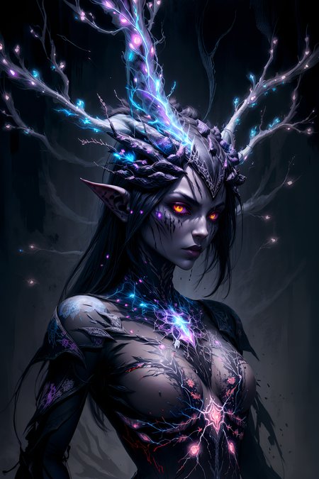 ((painting of a dark elf with two-tones splatters)), (portrait), ash thorp, glowing neurons, hightly detailed, elegant drawing, unique painting, intricate painting, (neurons pattern:1.4), (masterpiece), (best quality), (sharp details), <lora:add_detail:0.8>