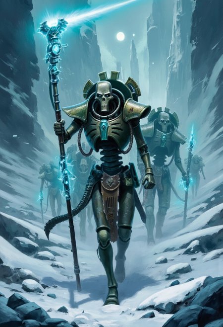 w4rh4mm3r style oil painting of a Necron  shrouded in cold fog, its glowing ice blue staff raised high . They are in an icy snow terrain, walking on cracked ice, rusty metallic body