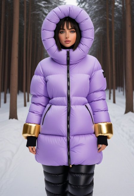 ((((puffer padded jacket)))), ((((puffer padded coat)))), ((((full body)))), ((((fur boots)))), ((((puffer pants)))), ((((puffer hood up)))), winter, snow, forest, 1girl, solo, (masterpiece), detailed face, detailed eyes, (beautiful detailed eyes:1.5), sidelighting, (super detail, hyper detail, intricate_details, detailed), (semi realistic:1.6), (Bob cut), blunt bangs,(black hair), (purple eyes, eyelashs), smug smile, angry face, Golden jewelery, golden rings, golden necklace, golden armlets, padded cuffs, padded collar, Thick padded cuffs, Thick padded collar, <lora:Collar-SDXL:0.6>, <lora:Cuffs-SDXL:0.6>, <lora:Puffer_Jacket_and_Down_Jacket_-_Extra_Puffy_Jackets:0.4>, <lora:snowpants_v1:0.4>