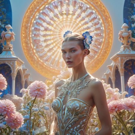 portrait of a beautiful  karlie kloss who is a fashion model surrounded of flowers from another planet, translucent plants, Andrey Remnev, Bridget Bate Tichenor, rococo, god light, cinematic, 35mm, 8k, fantasy, many details, much lightful, dream-like, masterpiece, detailed face, fantasy art, majestic, elegant, ornate, appealing, hypermaximalist, paradise, award winning photography, no watermark, trending on artstation --v 5