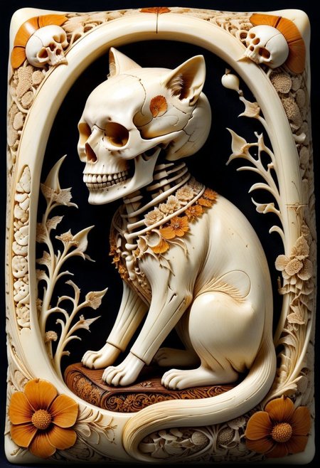 made out of bone carving, scrimshaw, adorable skeletal cat sculpture sitting on a velvet pillow, made entirely of carved bone fragments with floral ivory inlays, scrimshaw details on the skull and spine, glowing eyes made of fossilized amber, a blend of cute and eerie, SDXL, 8k, masterpiece