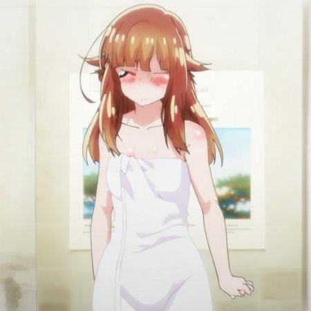 Aoi Yuzuki , full body , standing , bathtowel , hands on hip , blush , one eye closed , cute face , bathroom