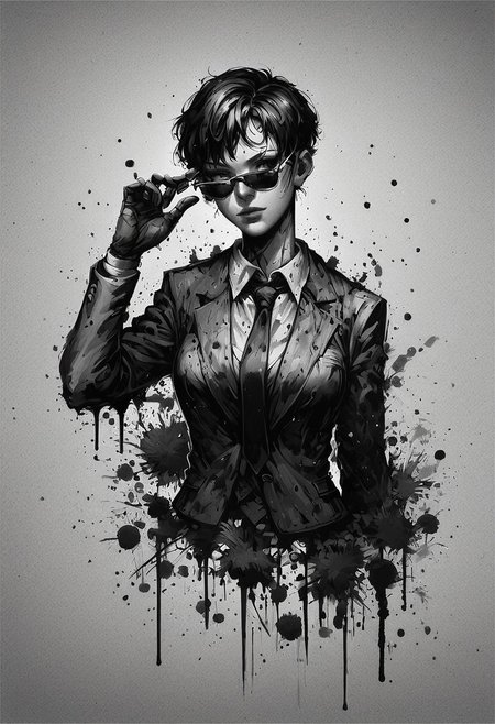 score_9, score_8_up, score_7_up, score_6_up, ink splats, monochrome, 1girl, business suit, black tie, sunglasses, very short hair, abstract background, looking over eyewear, adjusting eyewear