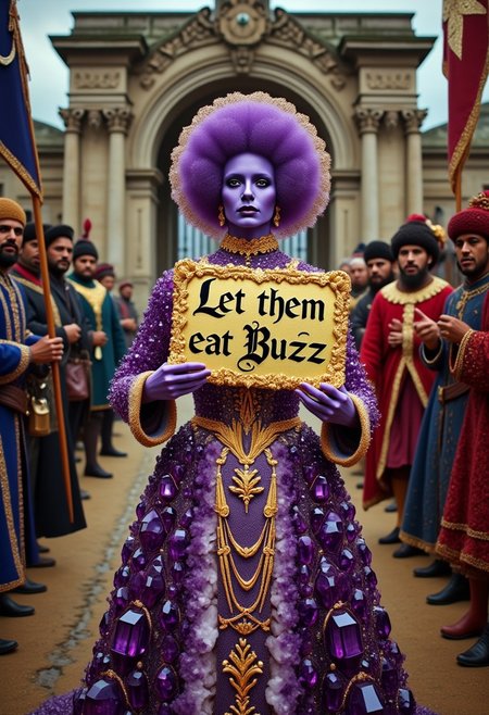 A film still of Mary Antionette being led by Jacobins towards a foreboding stone jail. She is made of amethyst and wearing an intricate sparkling gold rococo gown. She is holding a gilded sign that says “Let them eat Buzz”.  This scene has rich, vibrant colors and meticulous textures throughout, cinematic composition, shallow depth of field, highly detailed, bokeh, moody, epic, gorgeous, film grain, grainy.