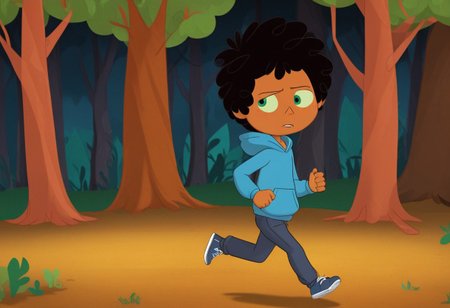 max (camp camp), cartoon theme, max (camp camp), 1boy, solo, human, male focus, curly black hair, curly tousled black hair, afro, dark skin, dark-skinned male,  large eyes, round eyes, green eyes,small nose, triangular nose, pointed nose, anoyed face, running,  blue hood, blue pants, small body, young boy, chibi, dark forest, night