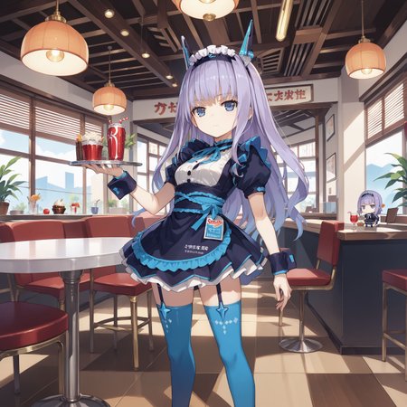 score_max, (score_9, score_8_up, score_7_up:1.2), score_6_up, official art,
masterpiece, absurdres, high detail, 8k,
cafe, ceiling light, partition, table, chair,
standing, soda, expressionless, (jitome:1.2),
chibi, ddpmaria, headgear, hairband, headdress, frills, neck ribbon, dress, short sleeves, wrist cuffs, black skirt, garter straps, blue thighhighs, heels
<lora:XL_Pony_gomaotsu-maria-t3:1.0>