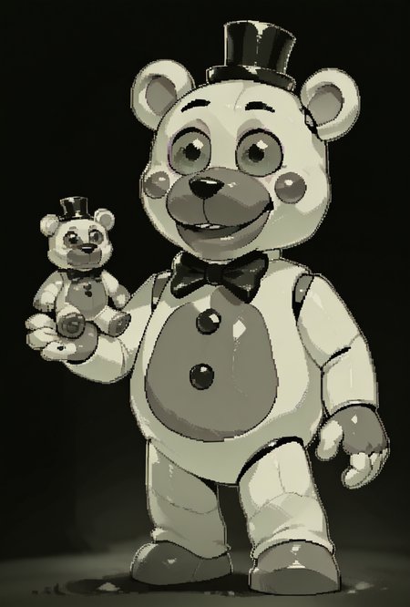 <lora:helpi-10:1> helpi, solo, top hat, bowtie, animal ears, mini hat, furry, .  teddy, animatronic, robot, toy ,  <lora:SpoiledMuffin_artist_monochrome_pixel_art_style:1> SpoiledMuffin, monochrome, pixel theme, gradient, dark background, masterpiece, best quality, amazing quality, very aesthetic, absurdres, newest,