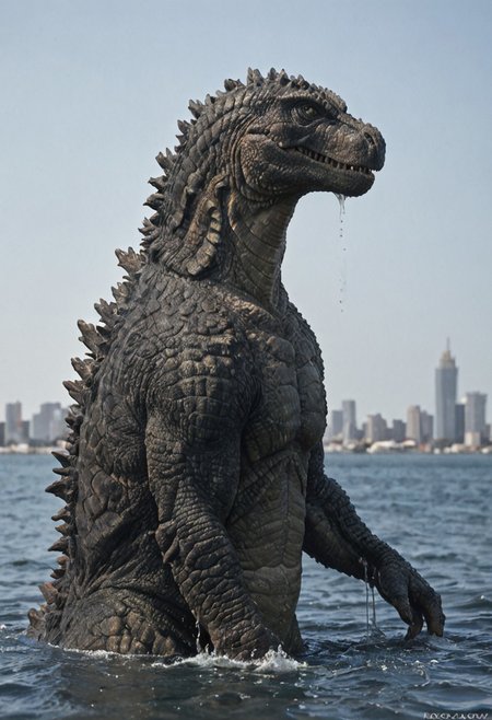 score_9, score_8_up, score_7_up, solo, portrait, from side, 1man, giant dinosaur reptillian Godzilla, spines, feral, realistic scales, detailed scale texture, solo, outdoors, wading, wading in the ocean, miniature buildings city background, solo, upper body, solo, extremely detailed, Macro detailed realism style photograph, 3DMM