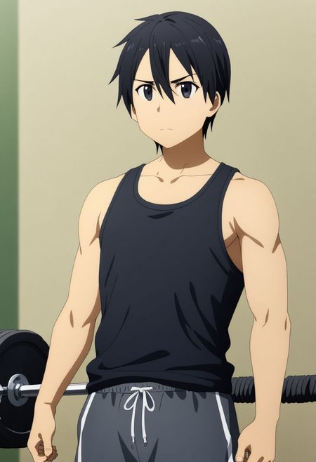 high resolution, professional photography, best quality, 1Boy, Kirigaya Kazuto, Black Hair, Black Eyes, overalldetail, Gym Boy, tank top, shorts, exercise, gym