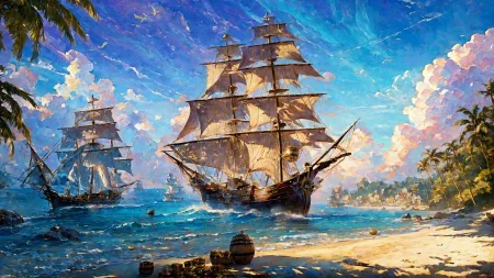 (young redhead pirate woman), ((oil paint) portrait), (parrot:1.2), sharp focus, (ultradetailed), (standing), (happy) smile, pirate (ship galleon:1.2,  hoop earrings, gold medallion, Purple pirate clothes, pirate hat, hips,  pirate (village), leafy beach coast, (treasure chest with coins, gems and jewels:1.2), (rum barrel), best quality masterpiece,  bright sunny sky, backlight, natural lights, high contrast, hdr, shadows, pretty, beautiful, feminine, sexy, adorable, lovely, in love, (PirateDiffusionprt:0.5),  <lora:Pirate:0.3>  PrateT  <lora:PirateRealms:0.3> <lora:Detail Tweaker LoRA add_detail:0.8> <lora:depth_of_field_slider_v1:5> <lora:SDXLrender_v2.0:0.9>