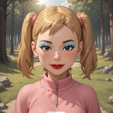 score_9, score_8, BREAK, solo, wii, mii, wii sports, 1girl, female mii, cute, blonde hair, twintails, brown eyebrows, makeup, blush, blue eyeshadow, red lips, lipstick, pink clothing, white pants, shoes, breasts, nintendo mii, modern_mii, classic_mii, Miyuki_(OC_Mii), black eyes, self portrait, smile, outdoors, sunlight, shadows, evening lighting, natural lighting, forest, trees, grass, orange sky, sunset