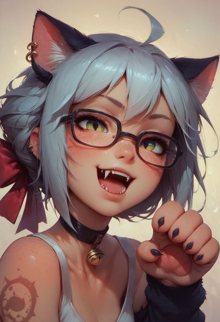 score_9, score_8_up, score_8, score_9, glasses, tattoo, choker, red bow, freckles, piercing, cat ears, tail, cat paw, red bow on hair, cat girl, fangs, nekomiyahinata, perfecteyes